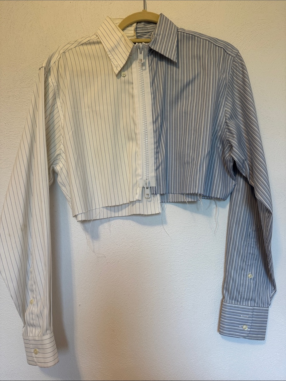 Cropped Two-Tone Stripe Button-Down Shirt - White & Blue